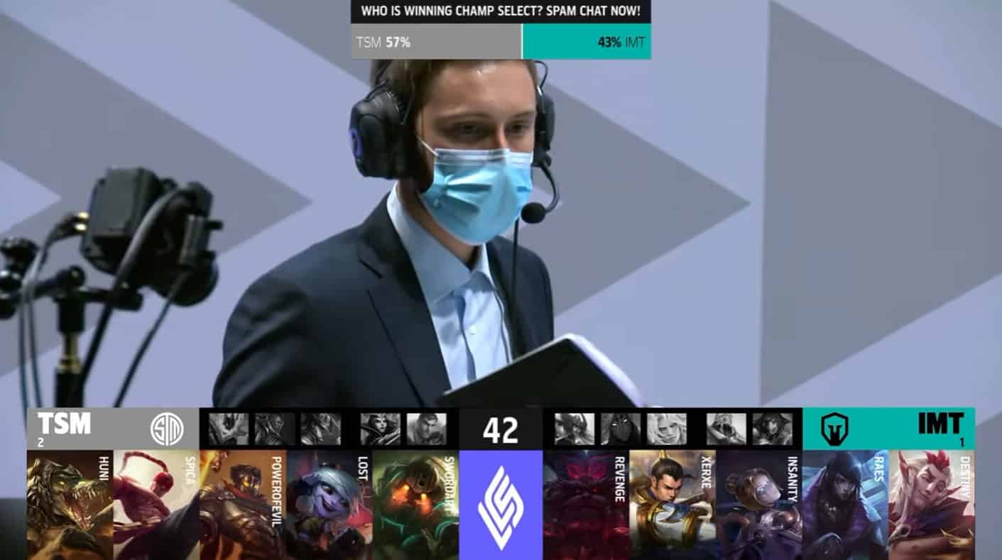 A screenshot from the LCS broadcast for the Summer Championship match between TSM and Immortals. The Game Four drafts appear on screen with a shot of TSM coach Bjergsen above.