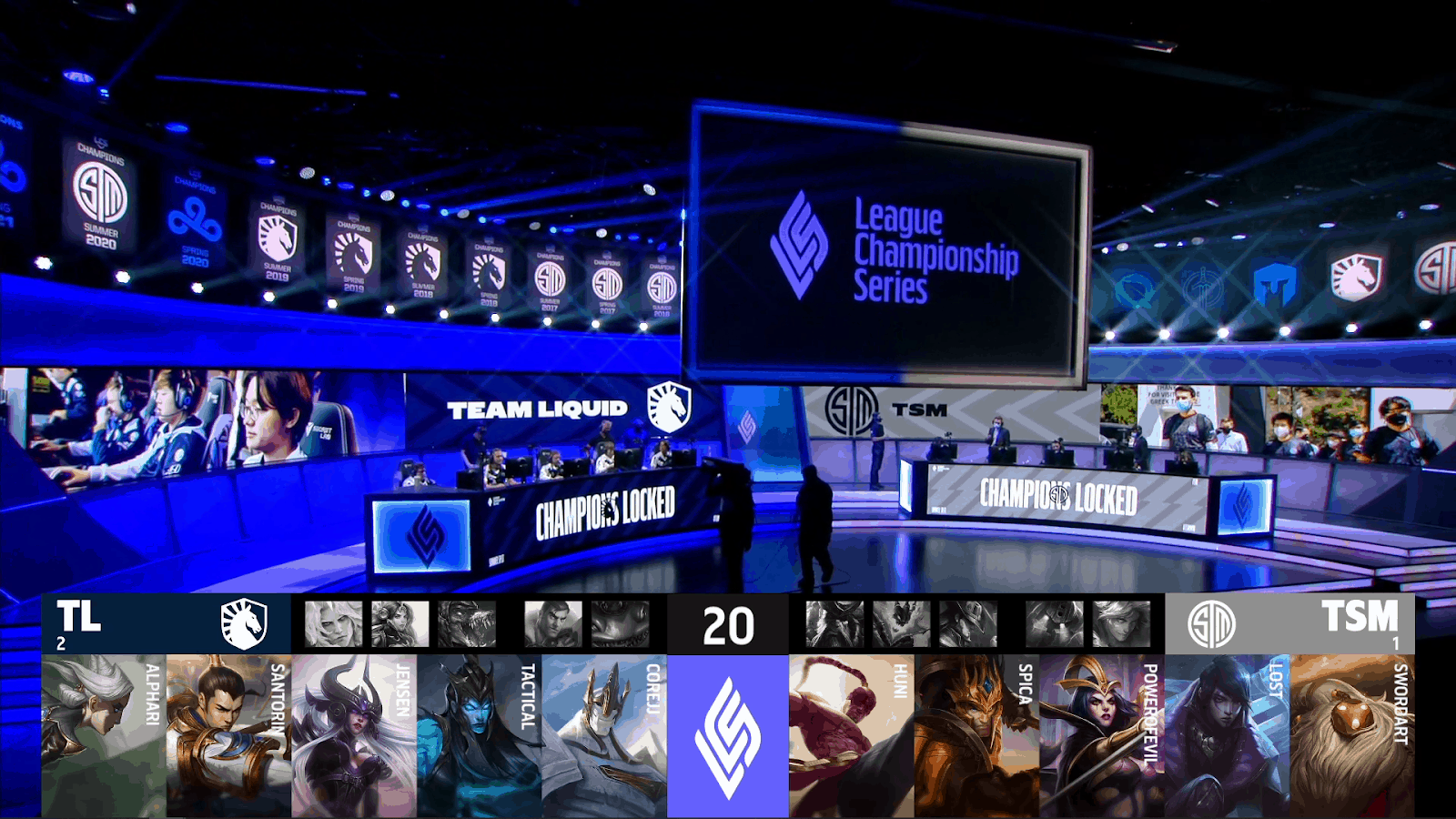A screenshot from the LCS broadcast for the Summer Championship match between Team Liquid and TSM. The Game Four drafts appear on screen with a shot of the LCS studio above.