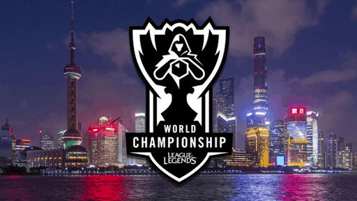 World Championship League of Legends Logo infront of City and Skyscrapers