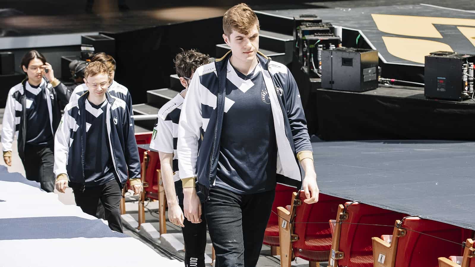 Team Liquid's top laner Alphari walks ahead of the rest of the TL roster at the LCS Mid Season Showdown.