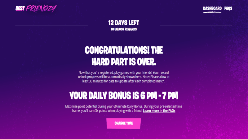 A screenshot from the Best Friendzy registration page, with a wall of text telling the registered player about the event and their daily bonus time.