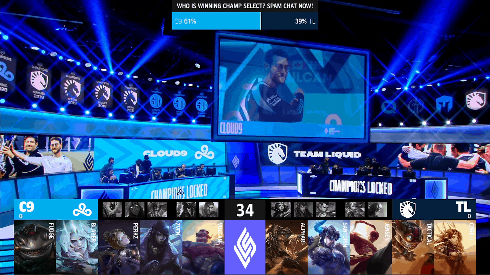 A screenshot from the LCS broadcast for the Summer Playoffs match between Cloud9 and Team Liquid. The Game One drafts appear on screen with the teams in the LCS studio above.