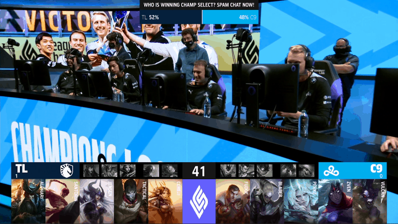 A screenshot from the LCS broadcast for the Summer Playoffs match between Cloud9 and Team Liquid. The Game Two drafts appear on screen with the C9 LoL team on the LCS stage above.
