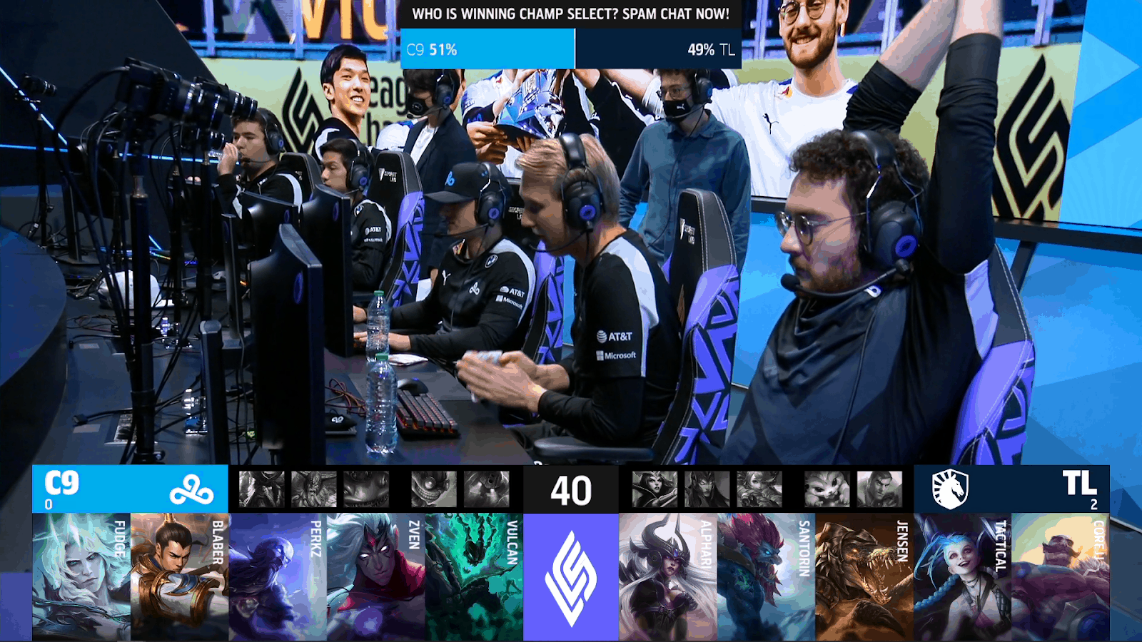 A screenshot from the LCS broadcast for the Summer Playoffs match between Cloud9 and Team Liquid. The Game Three drafts appear on screen with the C9 LoL team on the LCS stage above.