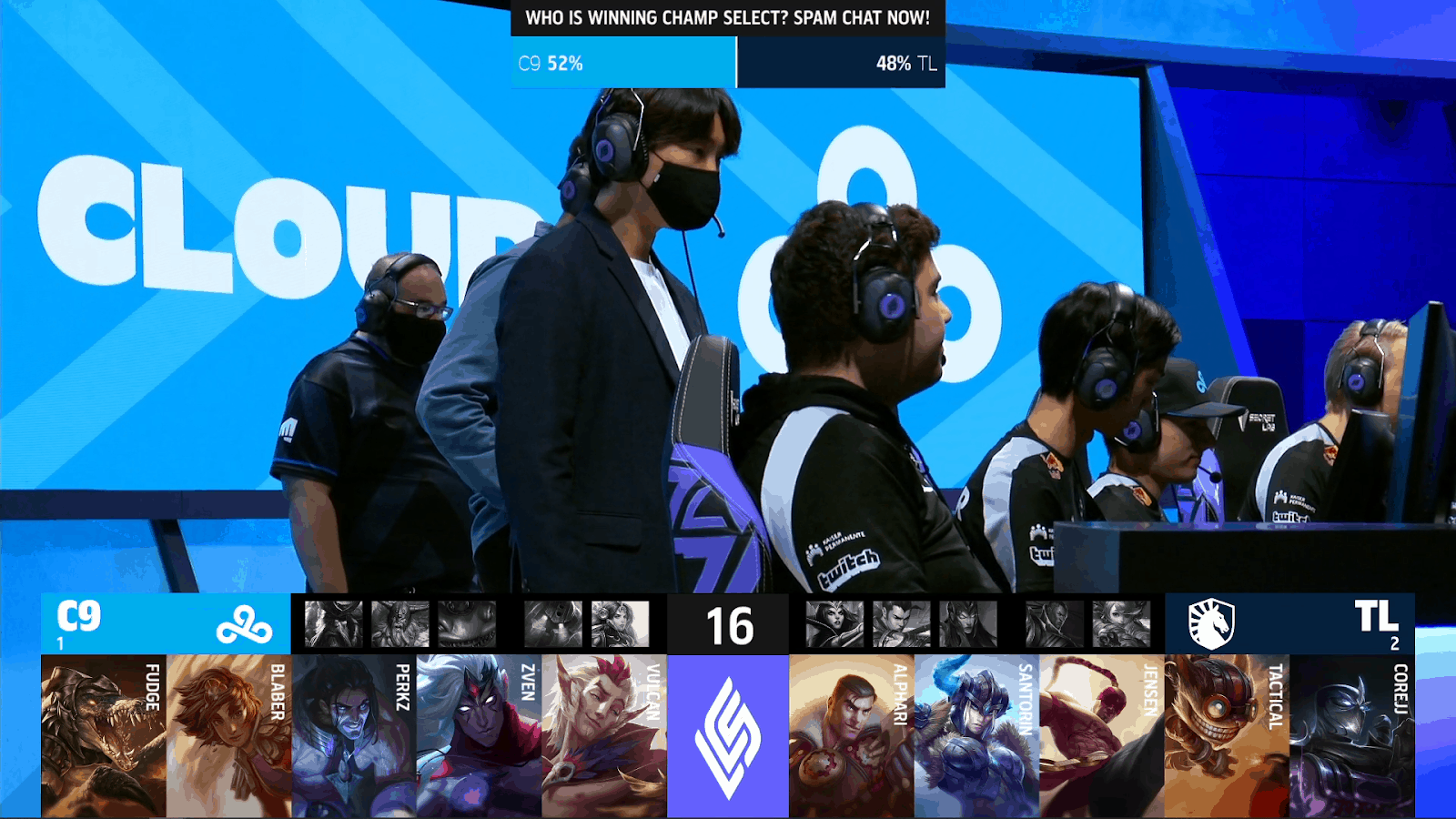 A screenshot from the LCS broadcast for the Summer Playoffs match between Cloud9 and Team Liquid. The Game Four drafts appear on screen with the C9 LoL team on the LCS stage above.