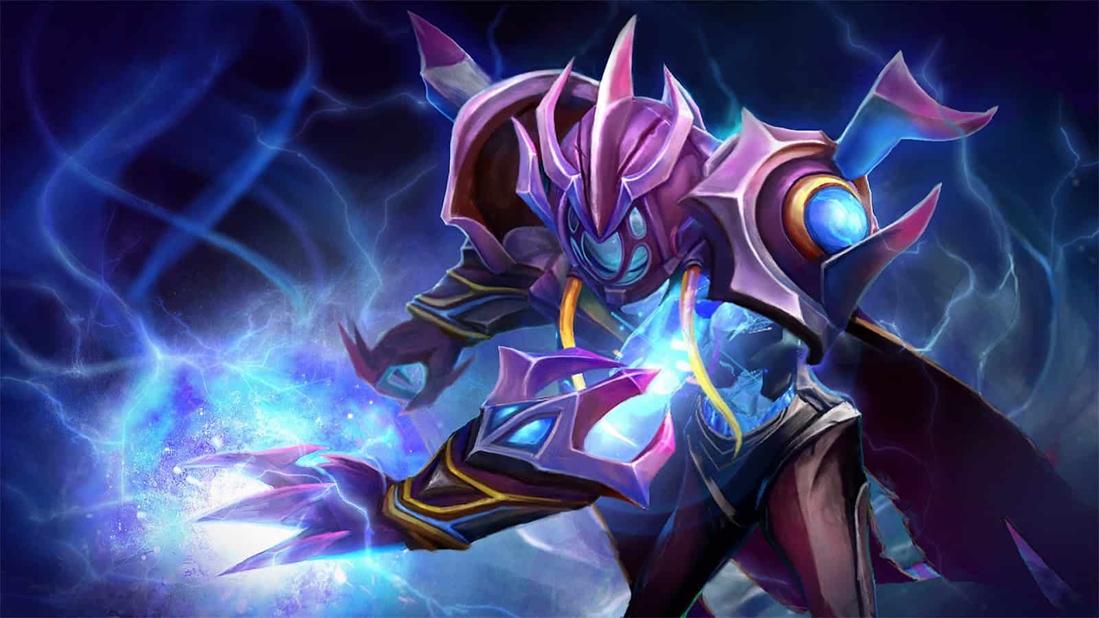 Zet, the Arc Warden stands in a stylized suit of spiked purple armor, electricity coursing from his open hands