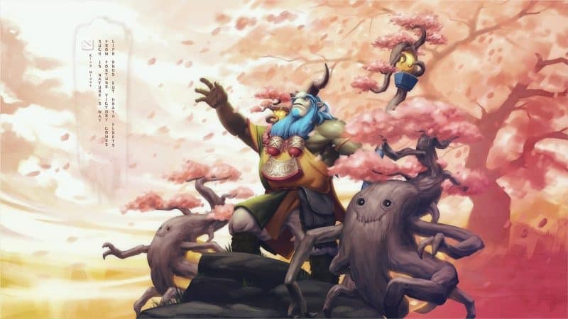 The Hero, Natures Prophet, raises his horns toward the sun standing atop the boughs of cherry blossom tree
