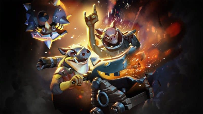 The Dota 2 hero, Techies, a trio of goblins lay, their explosive traps on the battlefield