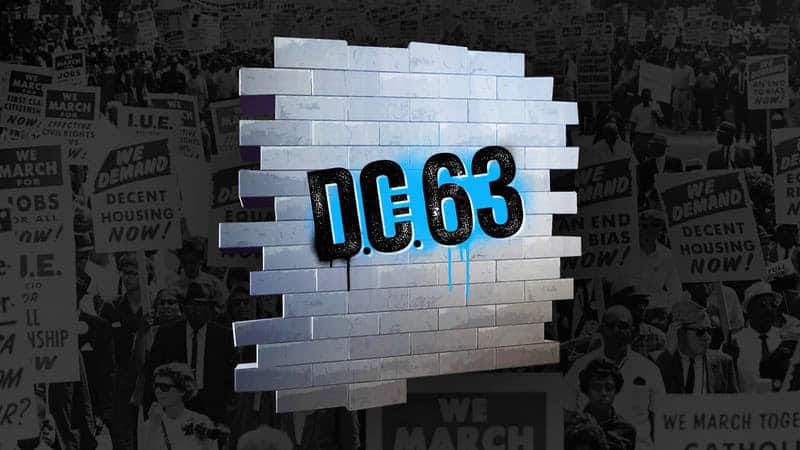 The Fortnite D.C. 63 spray from the March through Time event appears over a black and white image of a Civil Rights protest.