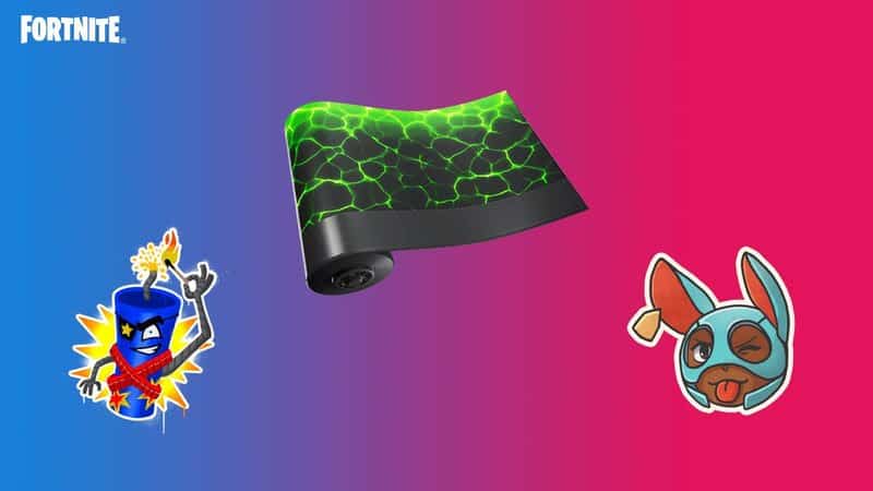 The Impostor Trial prizes including the Hot Headed Spray, Spectral Flex Wrap and Just Between Us Emoticon appear against a purple and pink background