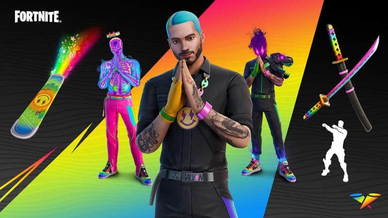 The Fortnite Icon version of Colombian singer J Balvin stands with his hands raised as if in prayer. Behind him appears alternate version of his skin with a bright and dark theme. Rainbow samurai swords appear at the edges of the image