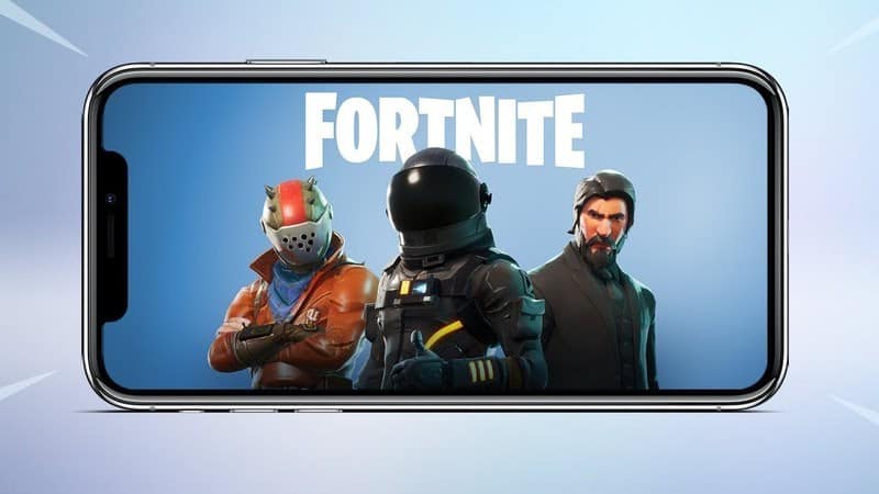 A smartphone with the Fortnite logo and various characters appears against a light blue background