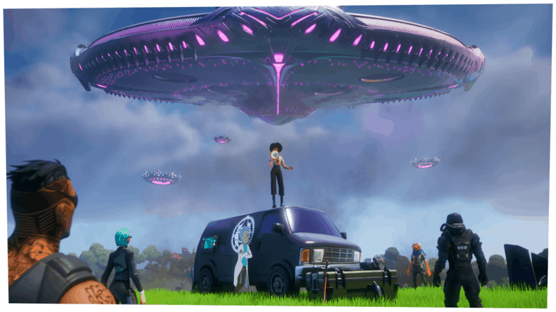 The fortnite character Dr. Slone stands on a black truck with Rick from Rick and Morty painted on the side, speaking to other characters through a megaphone. Above her one of the alien ships hovers in a cloudy sky