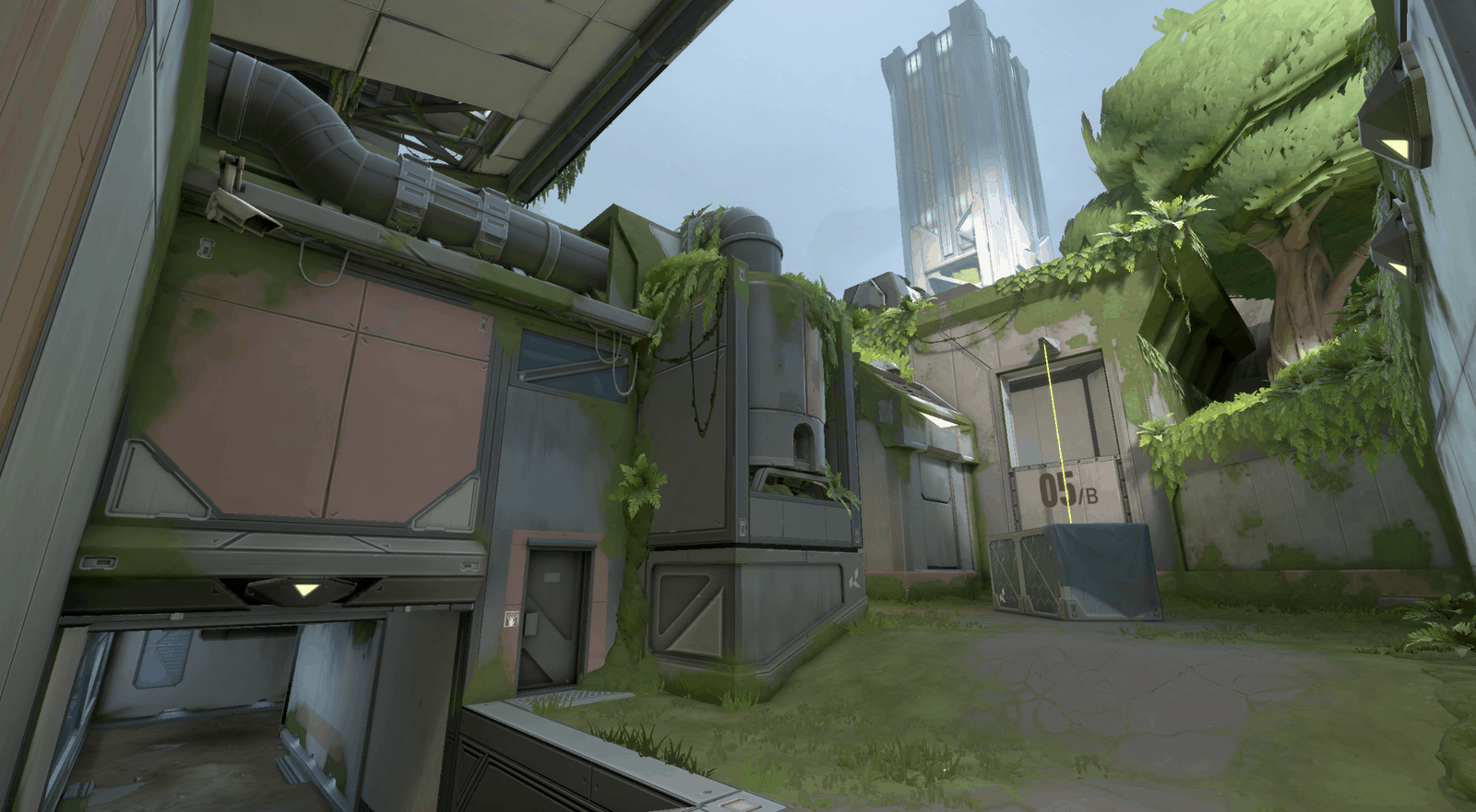 A screenshot from the new Valorant map Fracture, showing a courtyard in a military facility overgrown with greenery.