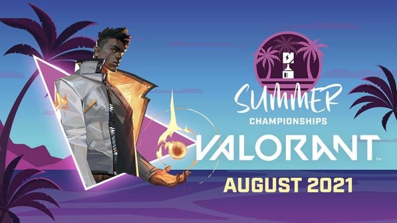 Valorant agent Phoenix appears in a neon triangle next to the Nerd Street Gaming Summer Championships logo and the Valorant logo, over a beach background.