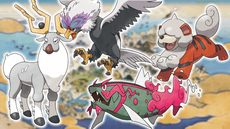 The four newly announced Pokémon from Generation 8, Wyrdeer, Basculegion, Hisuan Braviary and Hisuan Growlithe.