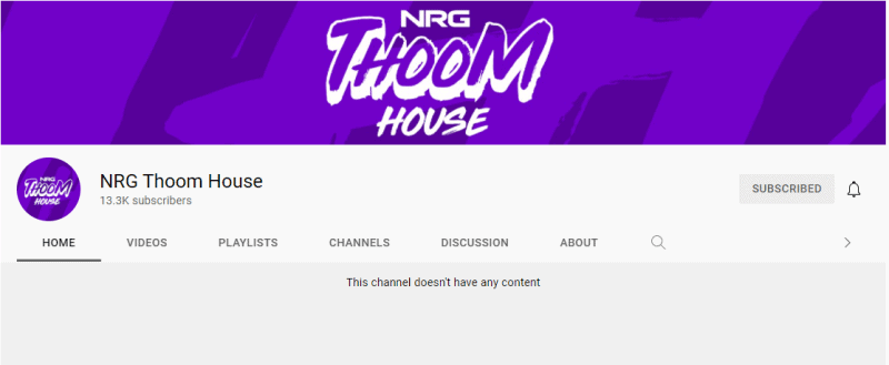 A screenshot of the banner of the NRG Thoom House YouTube channel.
