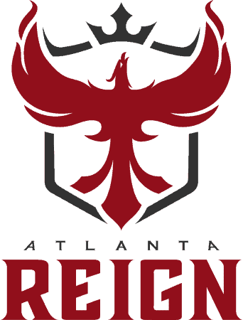 The Atlanta Reign Logo; A red phoenix flying towards the crown at the top of a shield