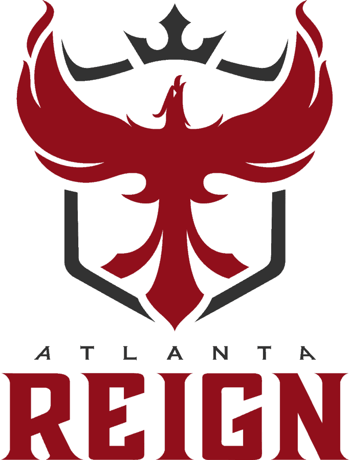 The Atlanta Reign Logo; A red phoenix flying towards the crown at the top of a shield