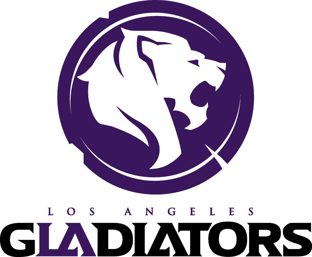 The Los Angeles Gladiators Logo; A purple circle with a white roaring lion's head