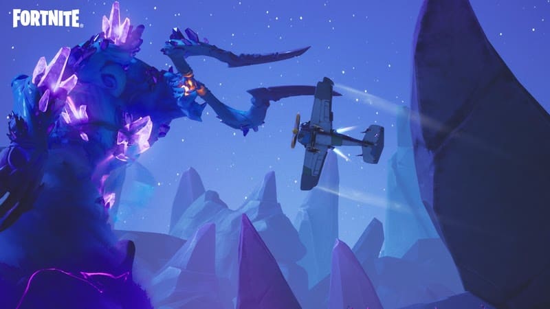 A plan in Fortnite flies through a craggy region with a crystal demon looming over.