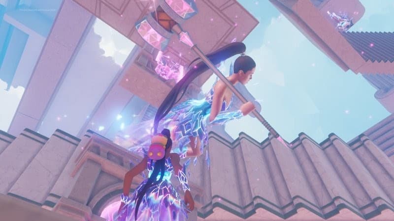 Ariana Grande's Fortnite character model walks up a set of stairs with a magnificent dress and hammer in the Rift Tour event.