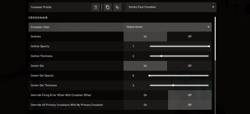 A screenshot of the Valorant crosshair settings screen with options selected for a smiley face crosshair.