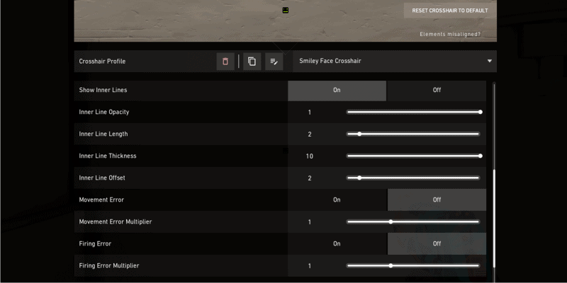 A screenshot of the Valorant crosshair settings screen with options selected for a smiley face crosshair.