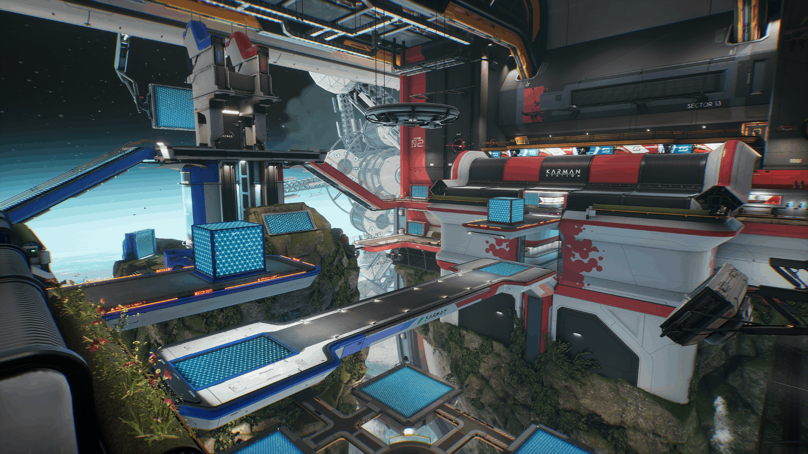 The Karman Station map in Splitgate, a futuristic space facility with some natural cave and grass elements throughout.