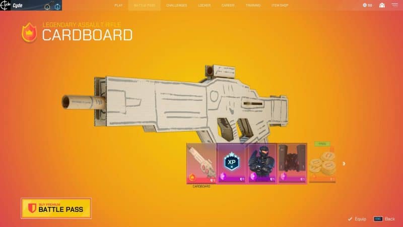 A Splitgate Season 0 Battle Pass Cardboard Legendary Assault Rifle appears on a yellow background in the game.