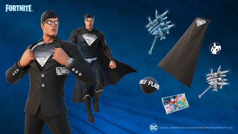 The Dark Batman and Clark Kent Fortnite skins appear next to the exclusive dark cosmetics for the pack on a blue background.