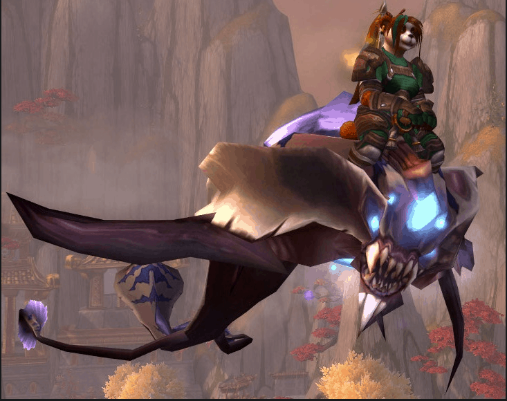 A Pandarian character rides a terrifying stingray like mount through the sky.