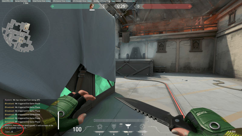 An in-game screenshot of a Valorant game with a circle around the text chat with the forfeit command.