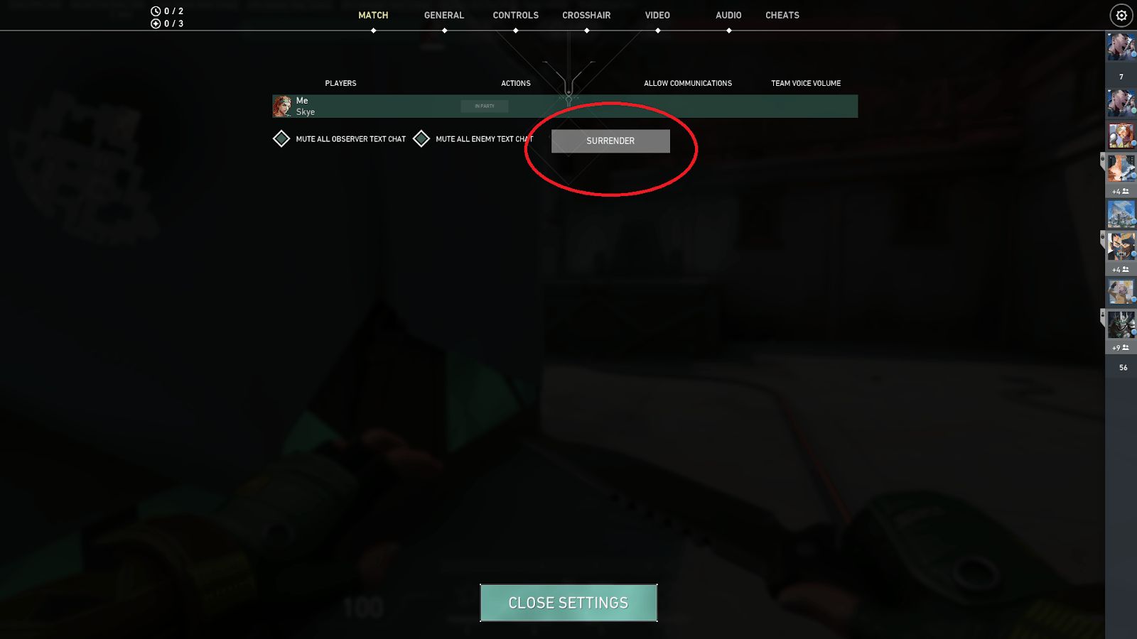An in-game screenshot from Valorant showing a menu screen and a red circle around the surrender option.