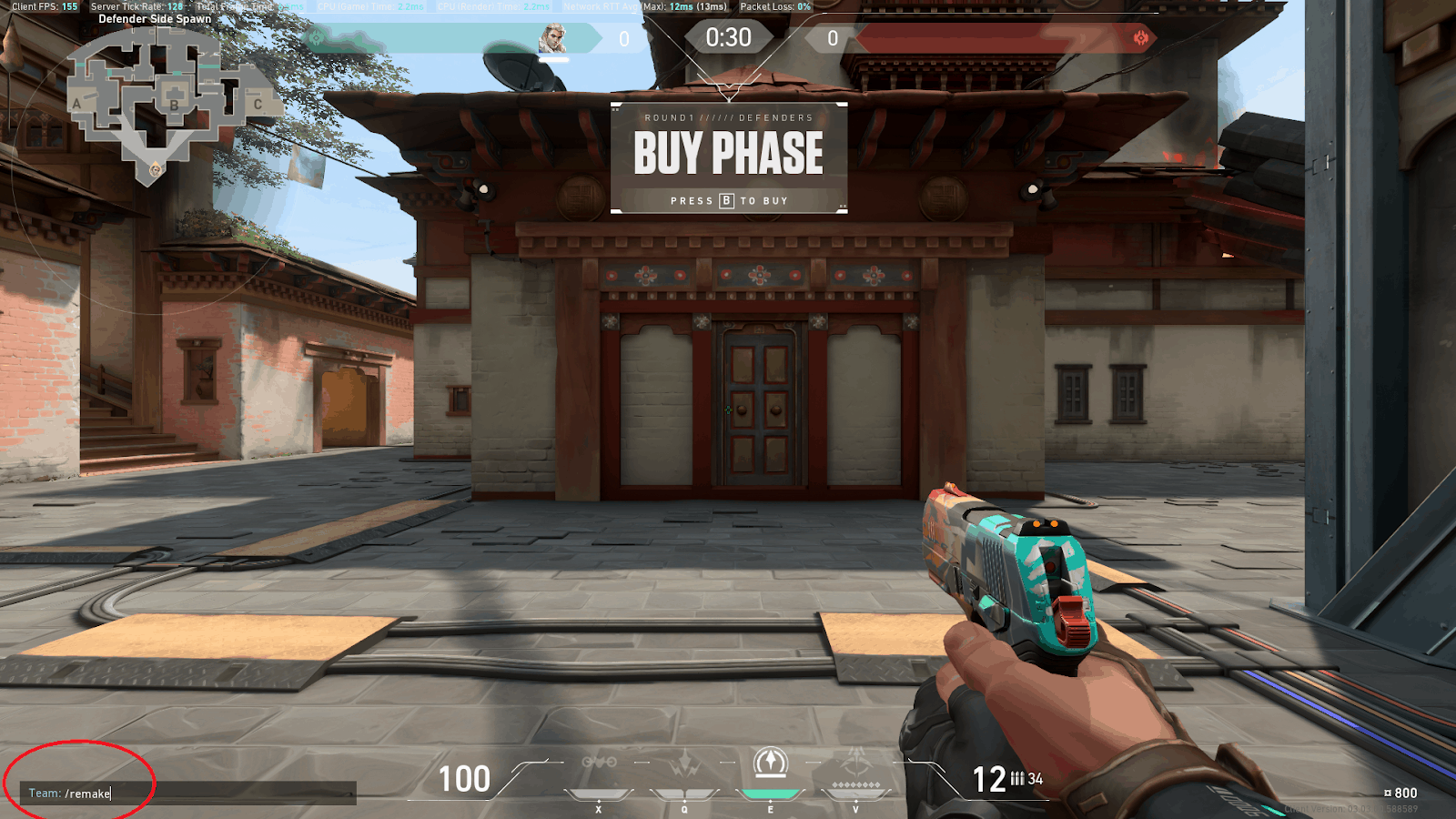 An in-game screenshot from Valorant showing the buy phase of a round and a red circle of the remake command in a text box.
