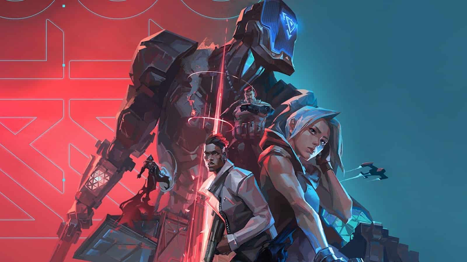 A collage of Valorant heroes pose in different stances on a blue and red split background.