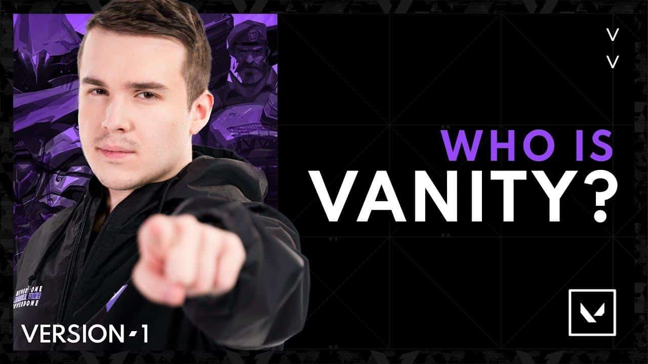 Pro Valorant player Anthony "vanity" Malaspina points towards the camera with the words "Who is Vanity?" next to him on a black and purple background with the Version 1 logo in the corner.