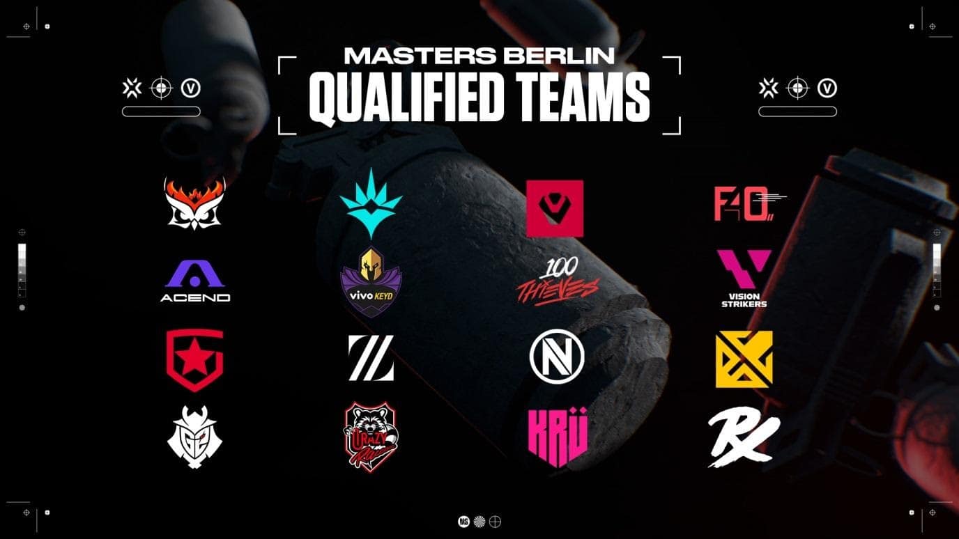 A variety of esports team logos appear in four vertical rows with the words "Masters Berlin Qualified Teams" above.