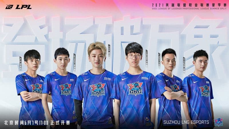 The LNG Esports LoL roster of Ale, Tarzan, Icon, Light, Iwandy and M1kuya pose together with various Chinese text in the background.