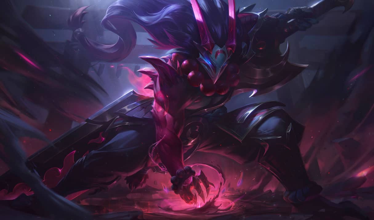 The splash art for Blood Moon Tryndamere, showing the armored barbarian in a battle stance with a huge sword and red glowing hand.