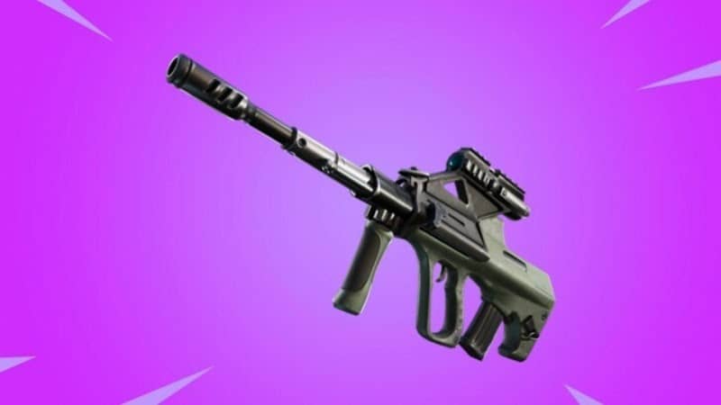 A Burst Assault Rifle from Fortnite appears on a purple background.