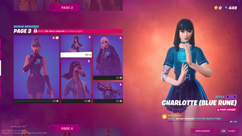 The Blue Rune Charlotte Fortnite Battle Pass skin appears in a menu screen with other cosmetics on the side.
