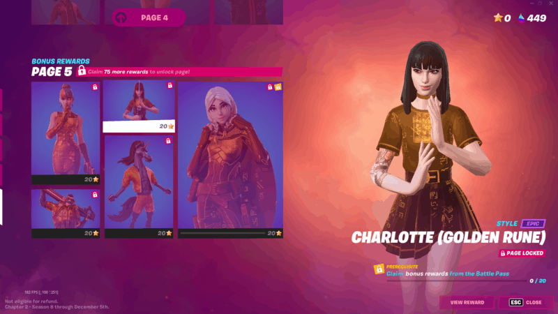 The Golden Rune Charlotte Fortnite Battle Pass skin appears in a menu screen with other cosmetics on the side.