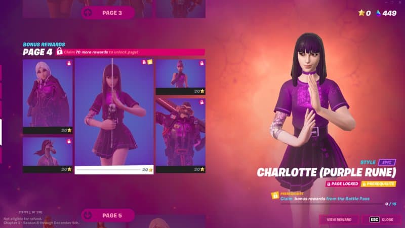 The Purple Rune Charlotte Fortnite Battle Pass skin appears in a menu screen with other cosmetics on the side.