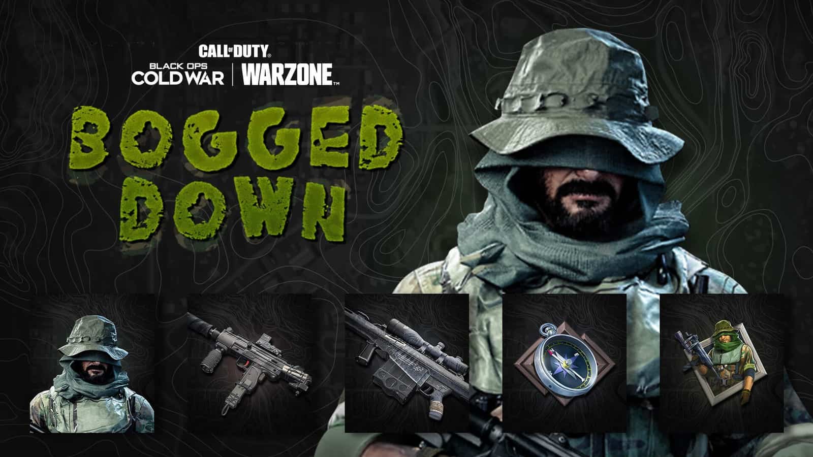 Five items and weapons from Call of Duty appear in boxes below the words "Bogged Down" in green with a COD Operator standing mysteriously.