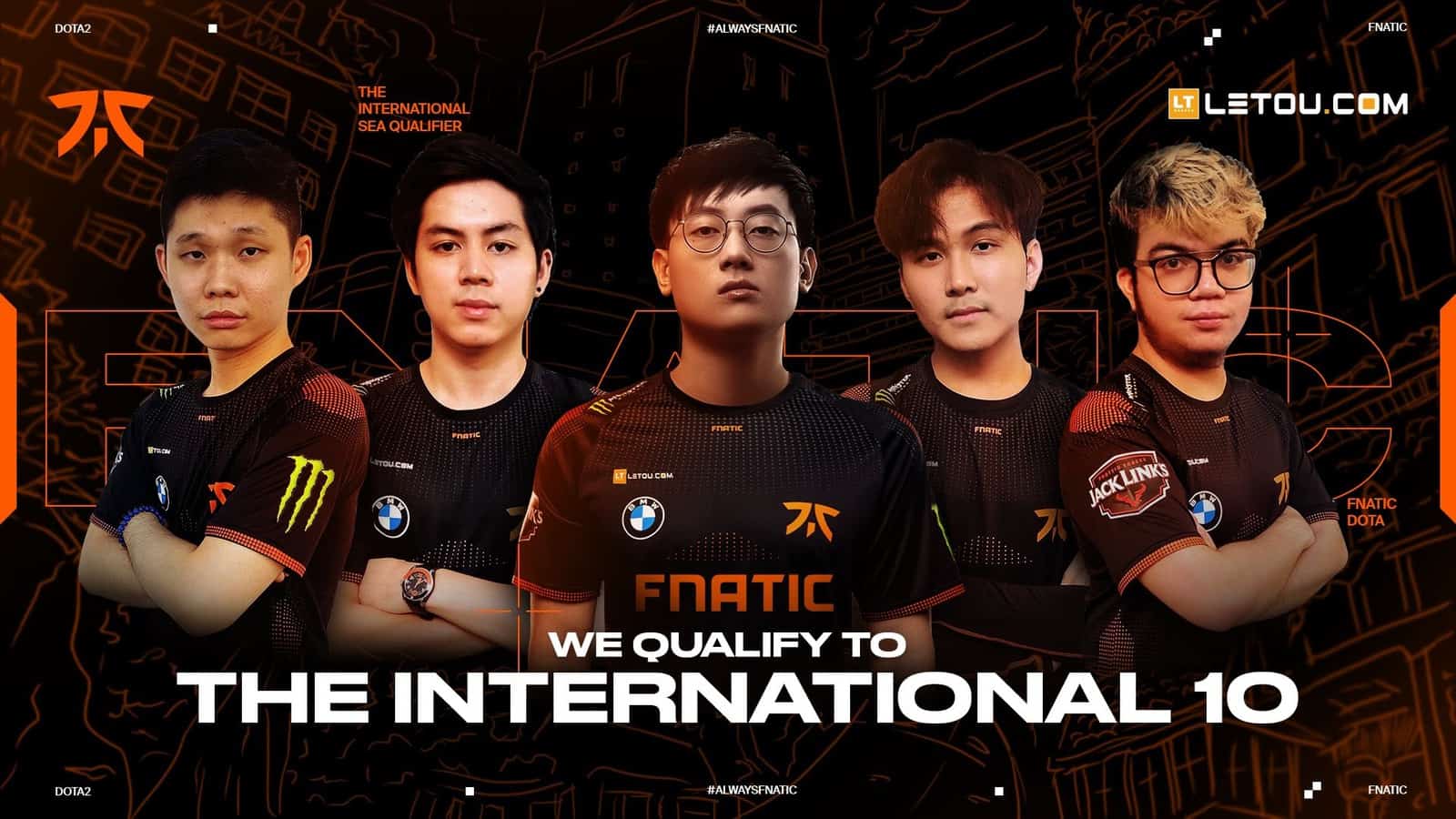 The Dota 2 roster for Fnatic appear in their team jerseys. The words "We qualify to The International 10" appear beneath them in bold white letters