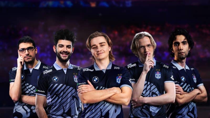 OG's Dota 2 roster from L to R; Saksa, Ceb, N0Tail, Topson and SumaiL