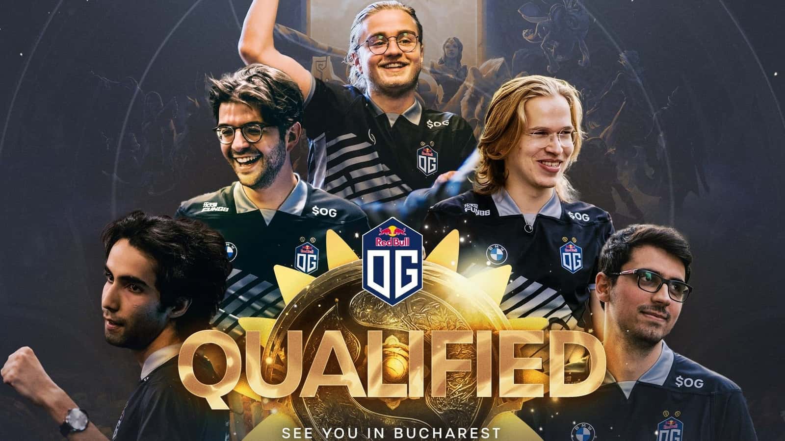 The roster for OG cheer above their team logo and the word "Qualified" in bold gold letters