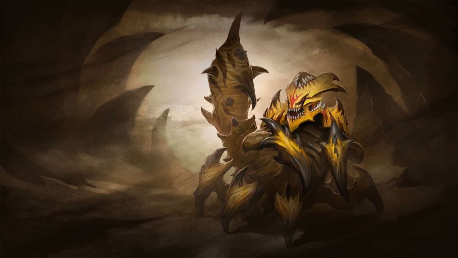 The Dota 2 Hero, Sand King, a monstrous sapient scorpion creature, scurries through a desert cavern