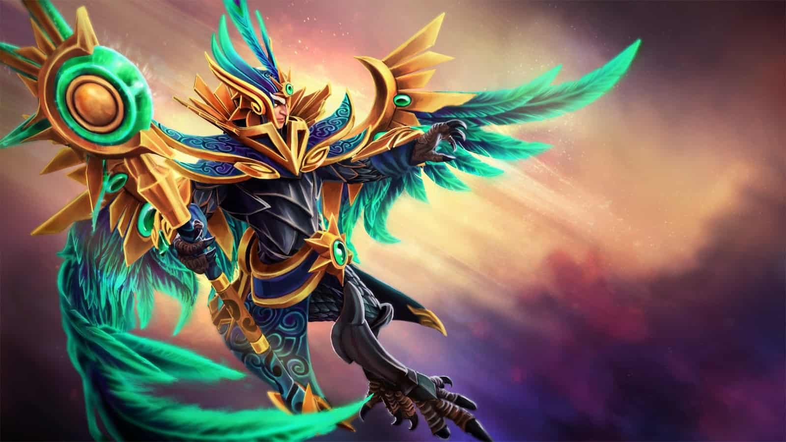 The Dota 2 Hero Skywrath Mage, a half-human, half-avian wizard, flies through a sunsoaked sky